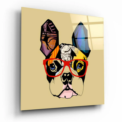 Vibrant pop art French bulldog glass wall art with red glasses
