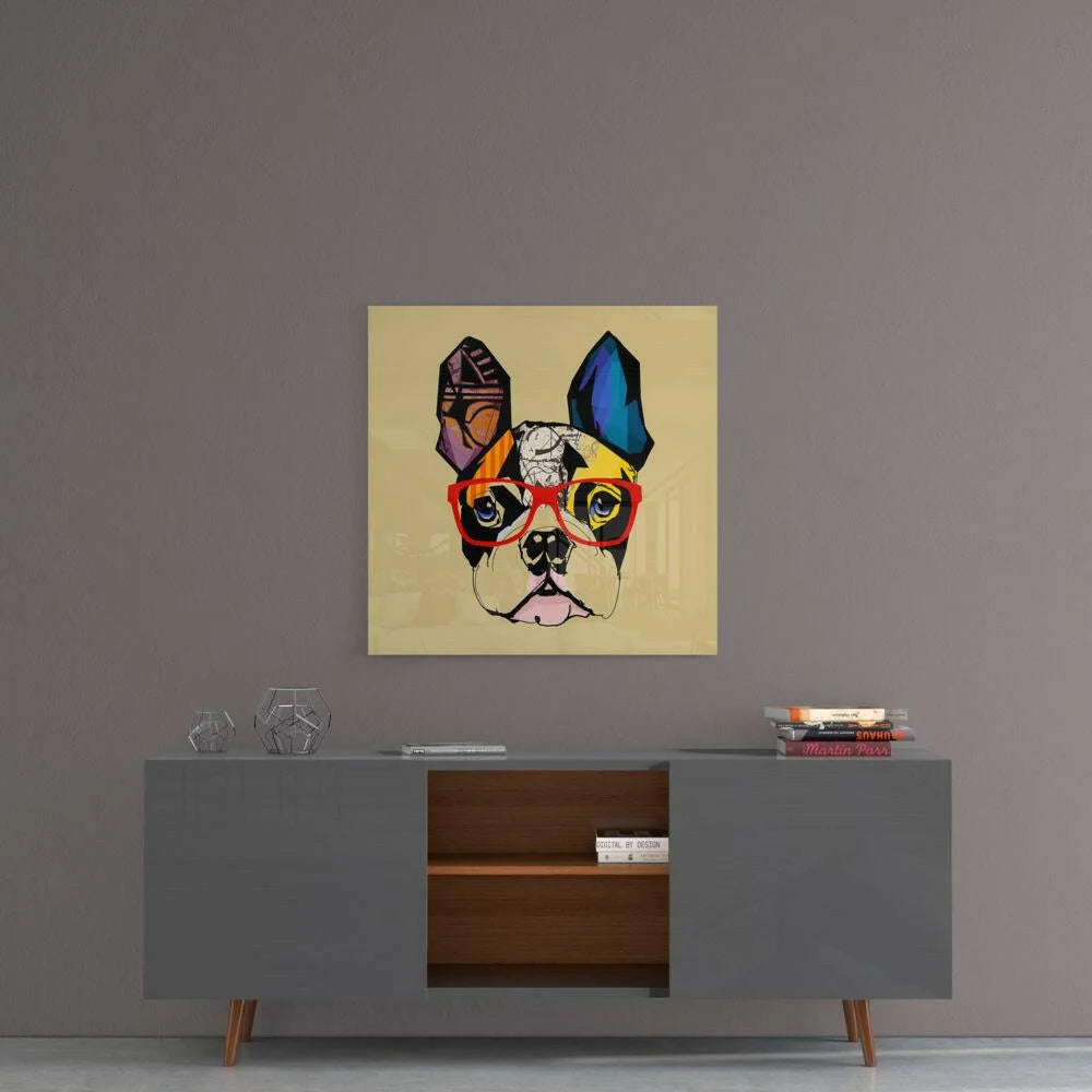 Vibrant pop art French bulldog glass wall art with bold red glasses