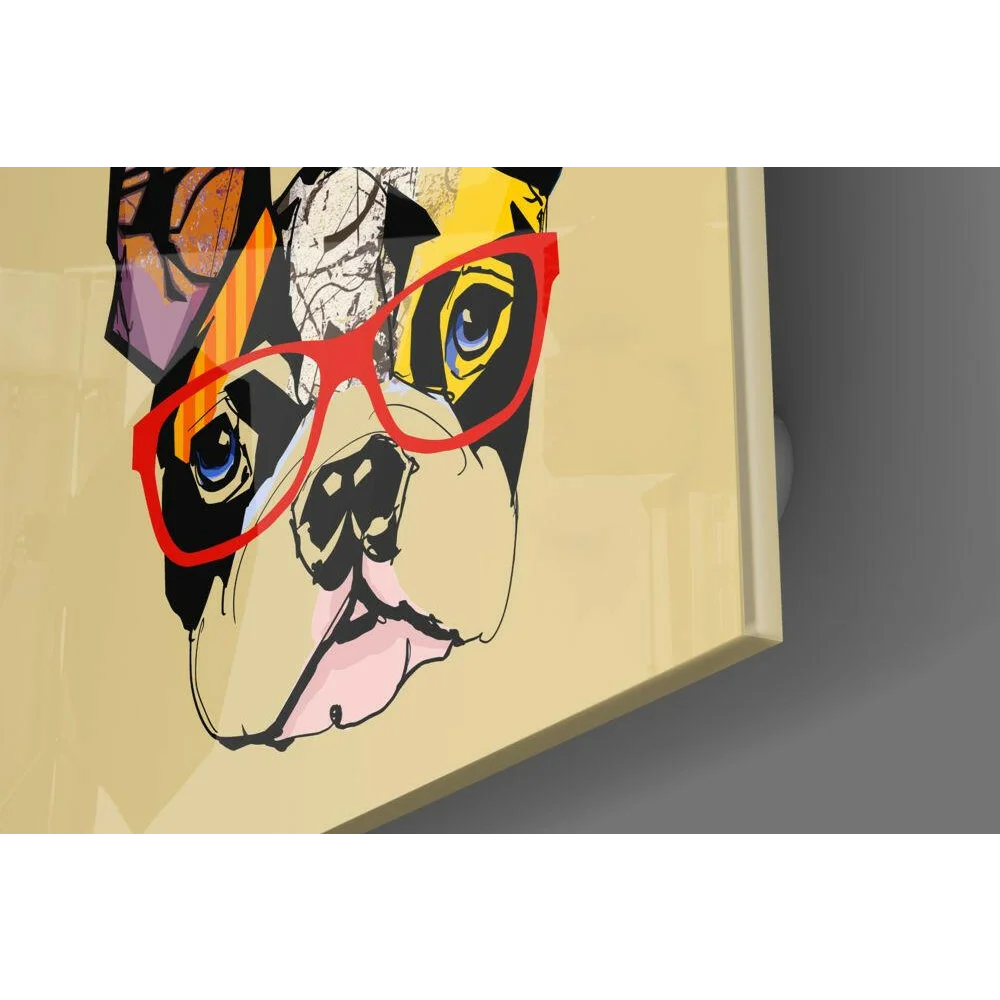 Vibrant pop art bulldog glass wall art with bold red glasses