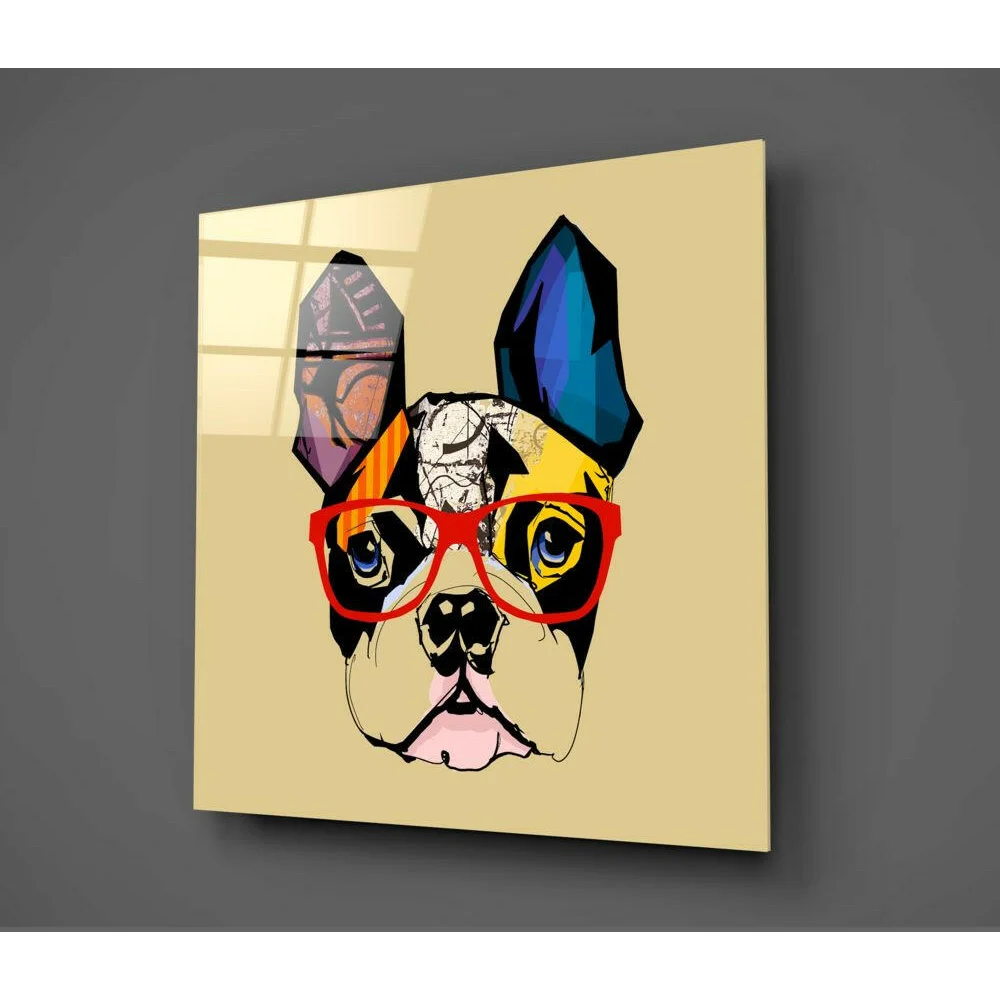 Vibrant pop art French Bulldog in red glasses on glossy beige glass wall art