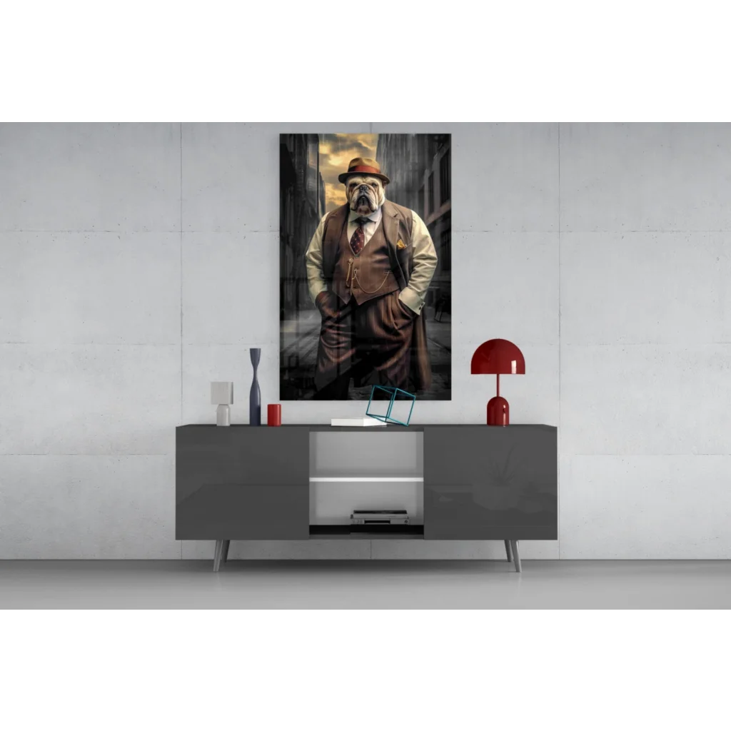 Dapper Bulldog in Fedora canvas wall art print with vintage hat and vest