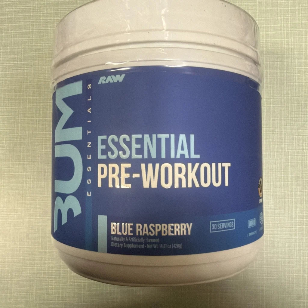 Blue raspberry Bum Essential Pre-Workout supplement, 14.81oz sealed