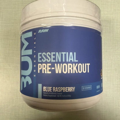 Blue raspberry Bum Essential Pre-Workout supplement, 14.81oz sealed