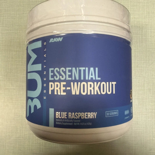 Blue raspberry Bum Essential Pre-Workout supplement, 14.81oz sealed