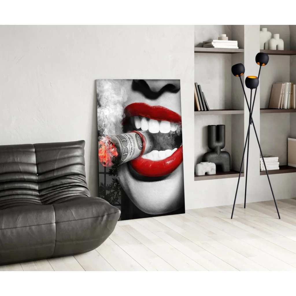 Bold red lips with cigar on glass wall art canvas print
