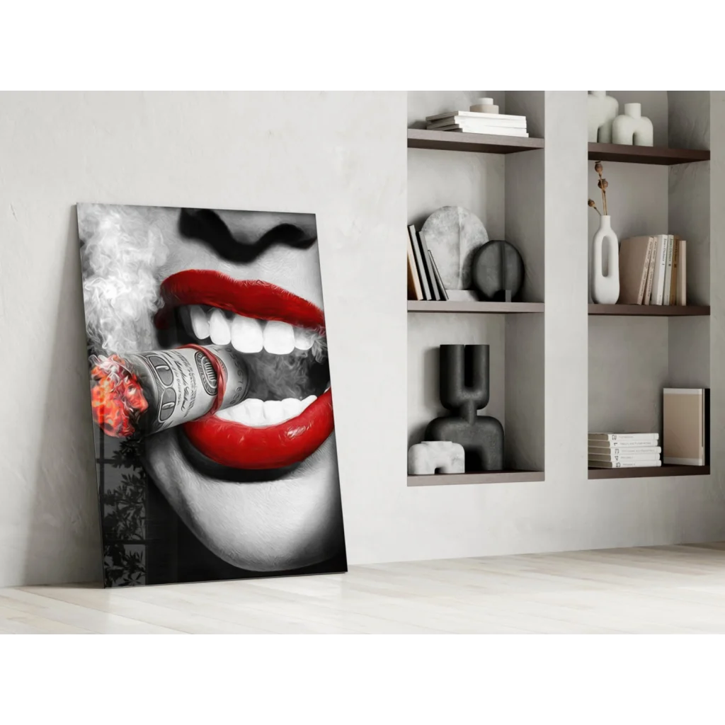 Bold red lips with cigarette on glass wall art canvas print