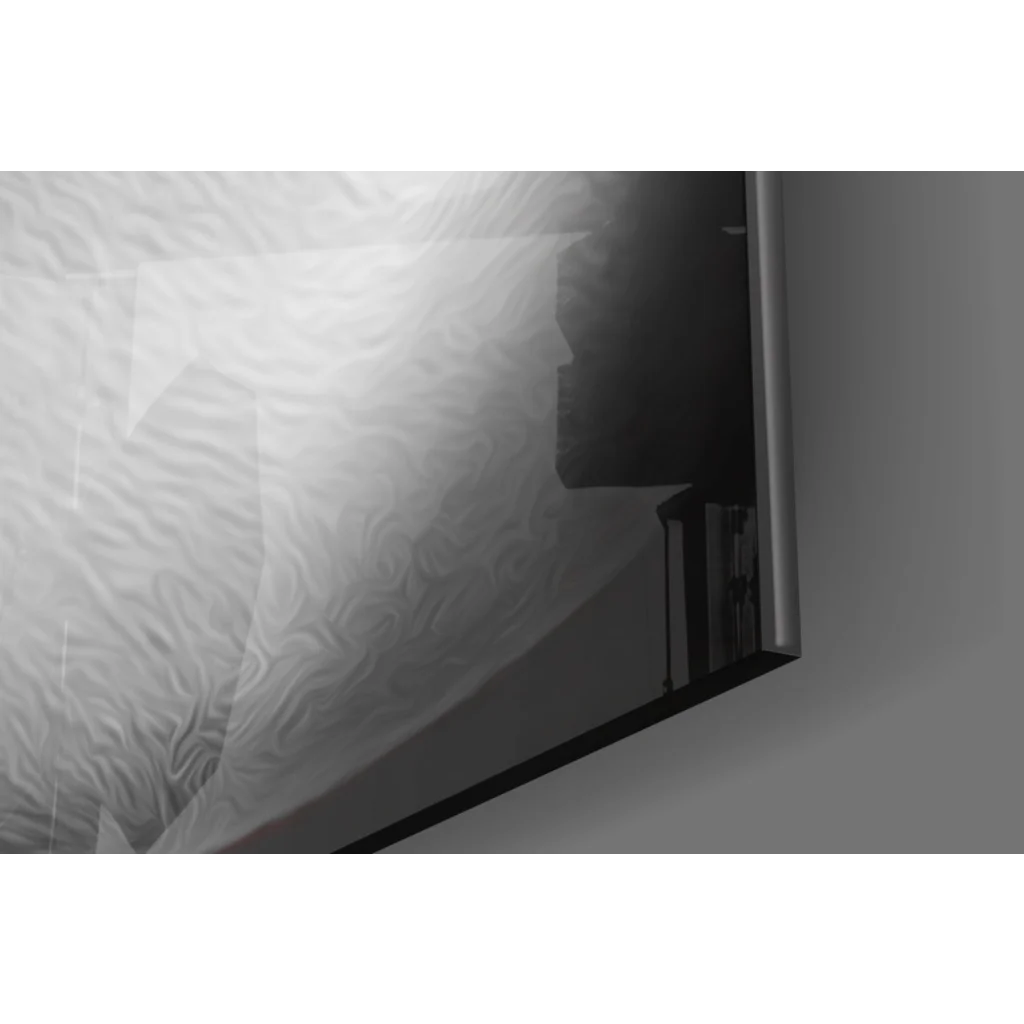 Black-framed TV with grayscale art on glossy screen in Money Cigar Lips glass wall art