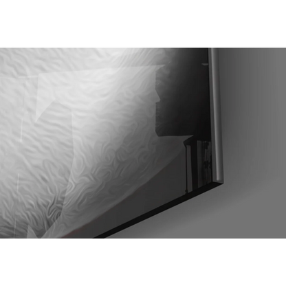 Black-framed TV with grayscale art on glossy screen in Money Cigar Lips glass wall art