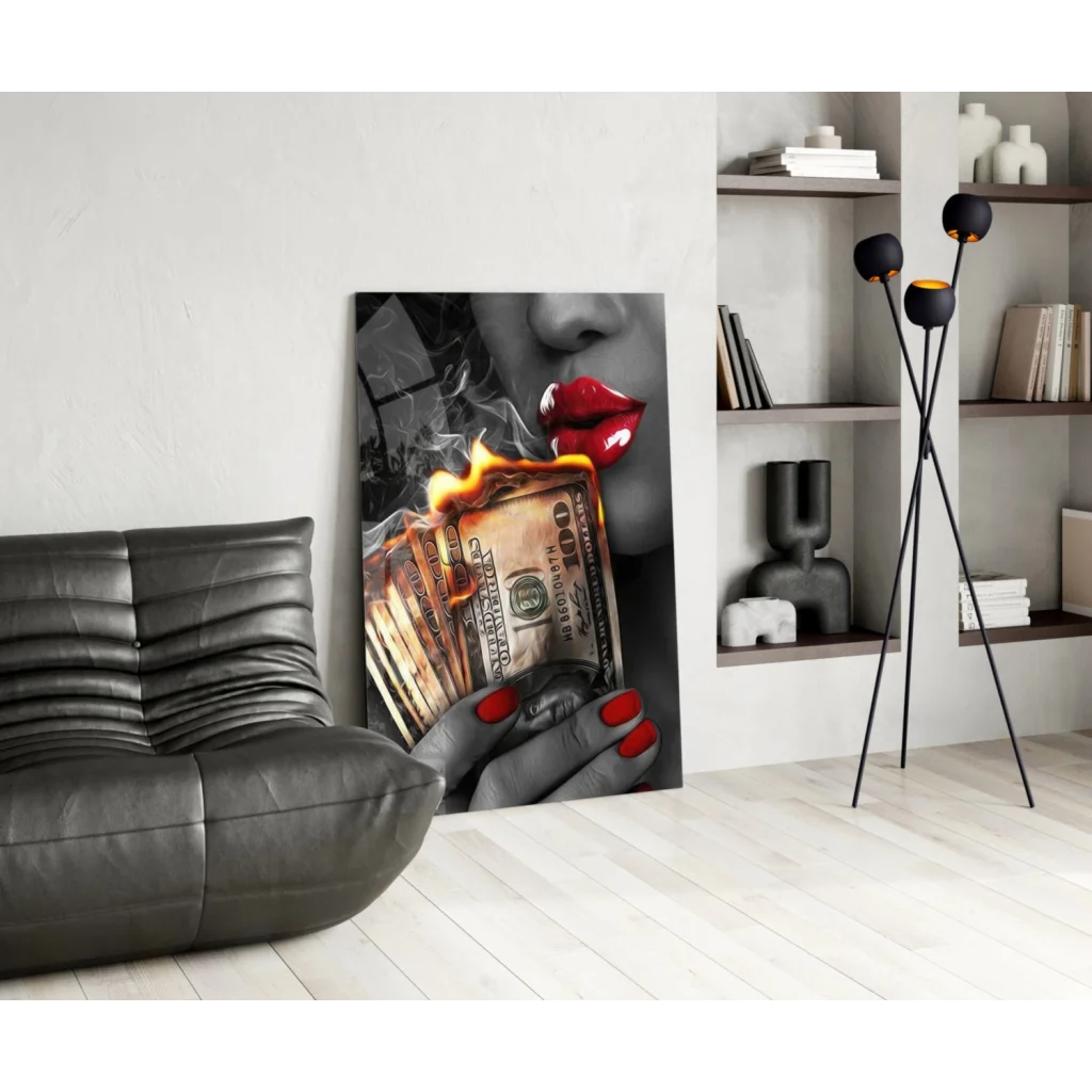 Bold red lips woman blowing smoke glass wall art canvas print