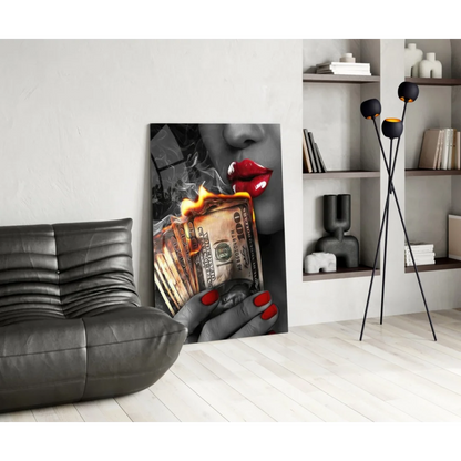 Bold red lips woman blowing smoke glass wall art canvas print
