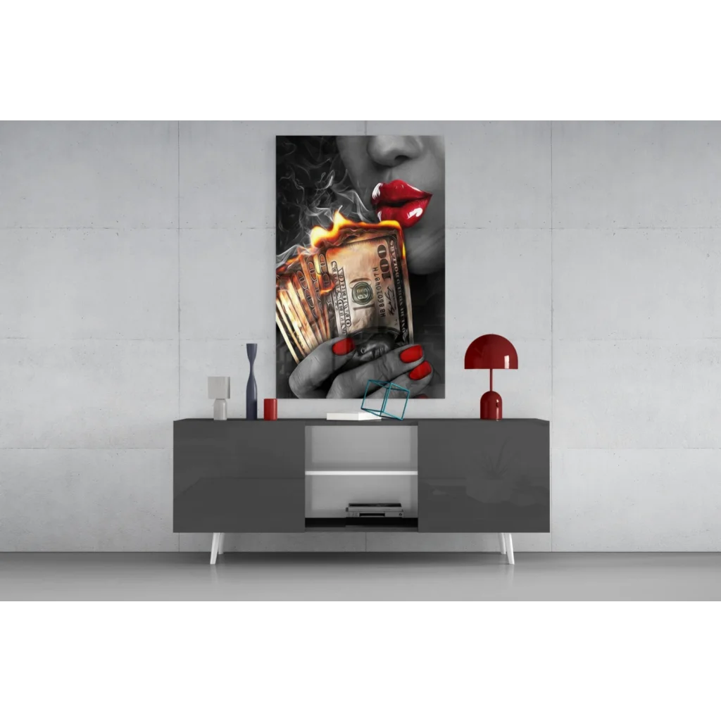 Bold red lips with burning cash on smoke glass wall art canvas print