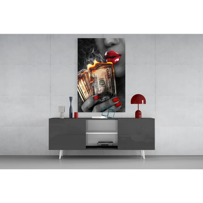 Bold red lips with burning cash on smoke glass wall art canvas print