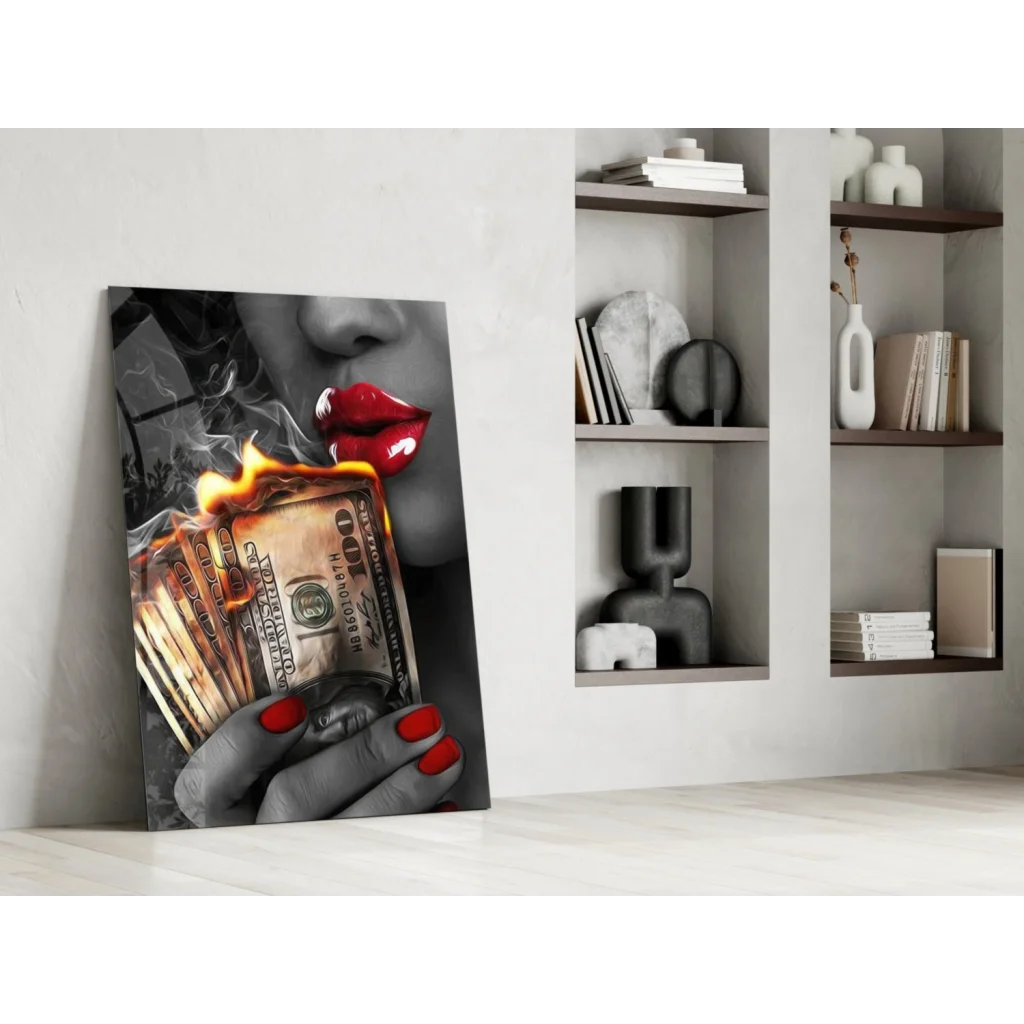 Bold red lips and burning U.S. hand in black-and-white glass wall art print