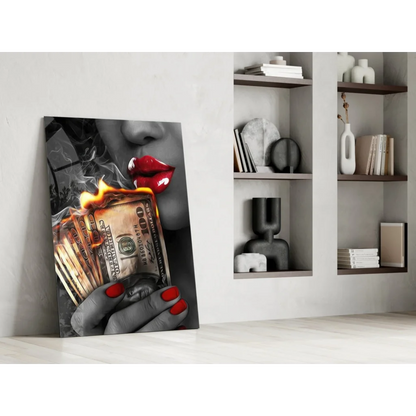 Bold red lips and burning U.S. hand in black-and-white glass wall art print
