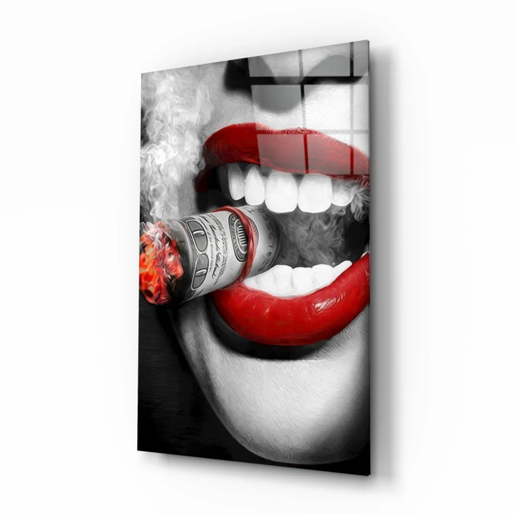 Bold red lips with money-wrapped cigar glass wall art canvas print