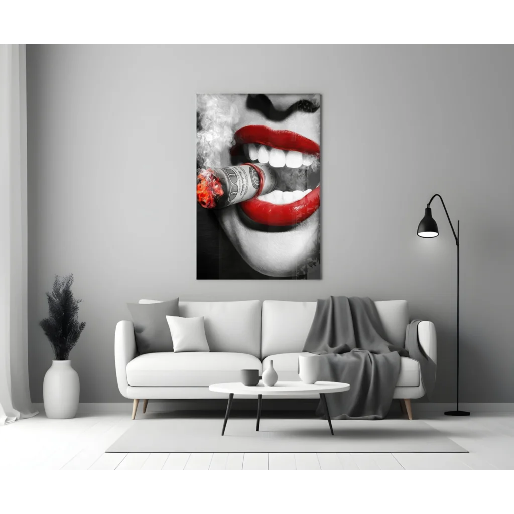 Bold red lips smoking cigar on black-and-white glass wall art canvas print