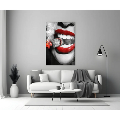 Bold red lips smoking cigar on black-and-white glass wall art canvas print