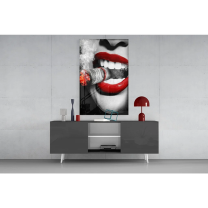 Bold red lips and flaming cigar on black-and-white glass wall art canvas print