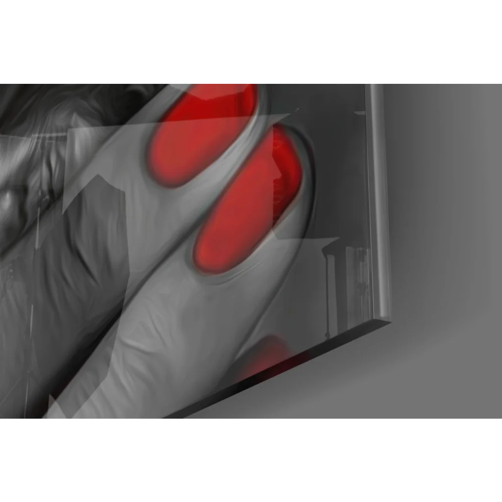 Bold red lips smoke glass wall art with glossy red-tipped nails