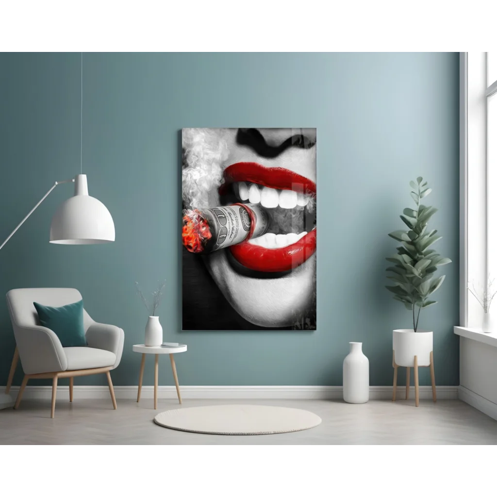 Bold black-and-white glass wall art canvas print with red lips, cigar, and Milk brand