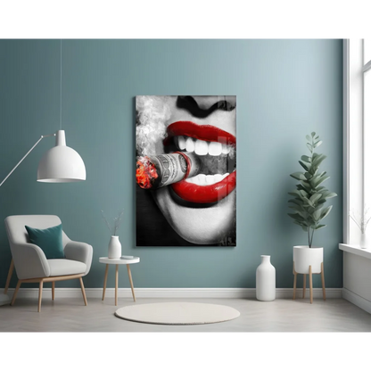Bold black-and-white glass wall art canvas print with red lips, cigar, and Milk brand