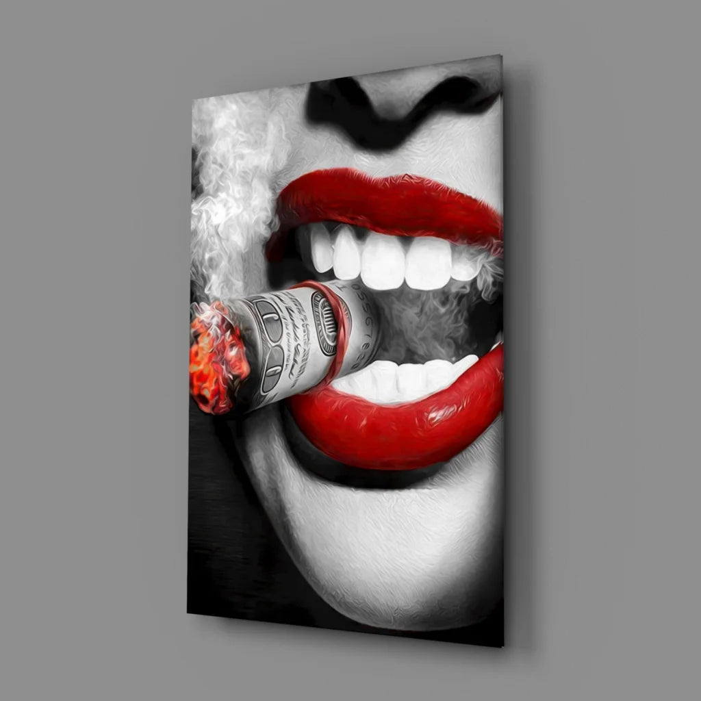 Bold lips with red lipstick and money-wrapped cigar on glass wall art canvas print