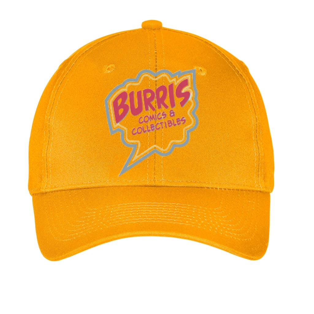Yellow Burris Comics & Collectibles twill baseball cap with pink blue logo