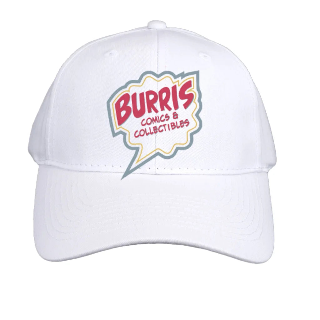 White Burris Comics & Collectibles logo cap in red and yellow