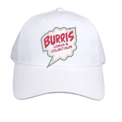 White Burris Comics & Collectibles logo cap in red and yellow
