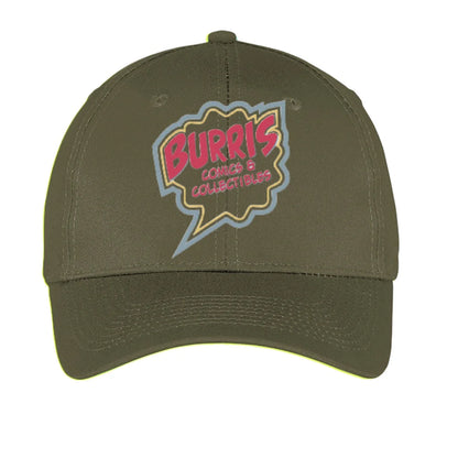 Olive green Burris Comics twill baseball cap with pink blue logo