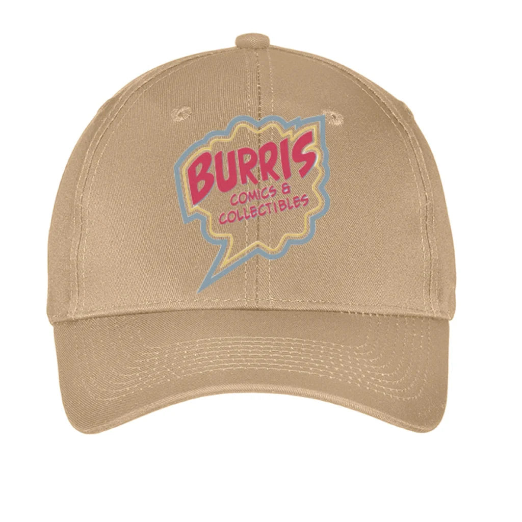 Khaki Burris Comics & Collectibles twill baseball cap with pink blue logo