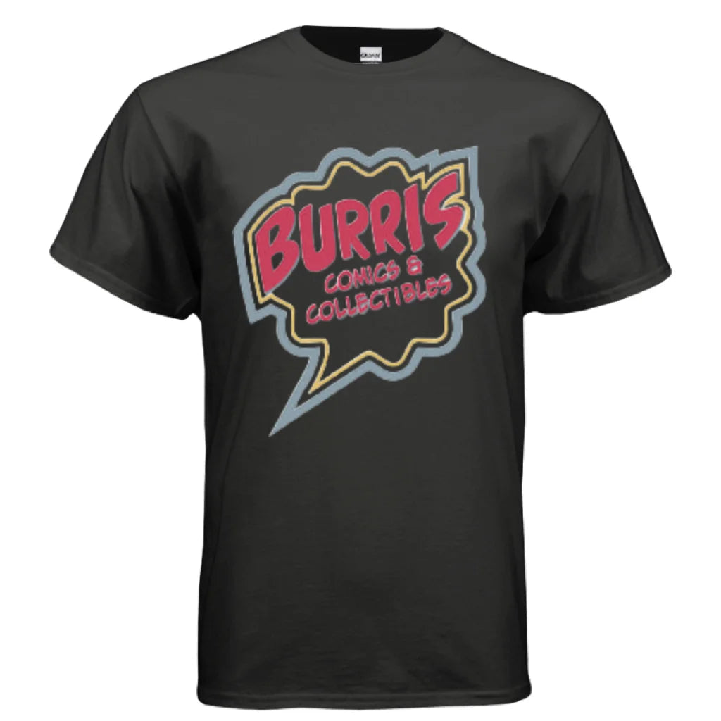 Safety green Burris Comics retro speech bubble tee with black t-shirt design