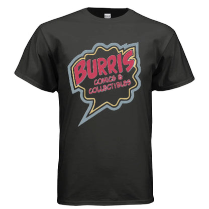 Safety green Burris Comics retro speech bubble tee with black t-shirt design