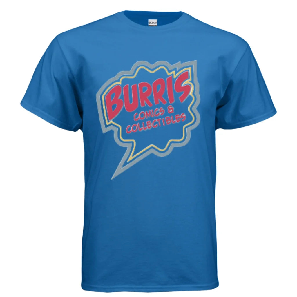 Safety green Burris Comics retro speech bubble tee with royal blue design