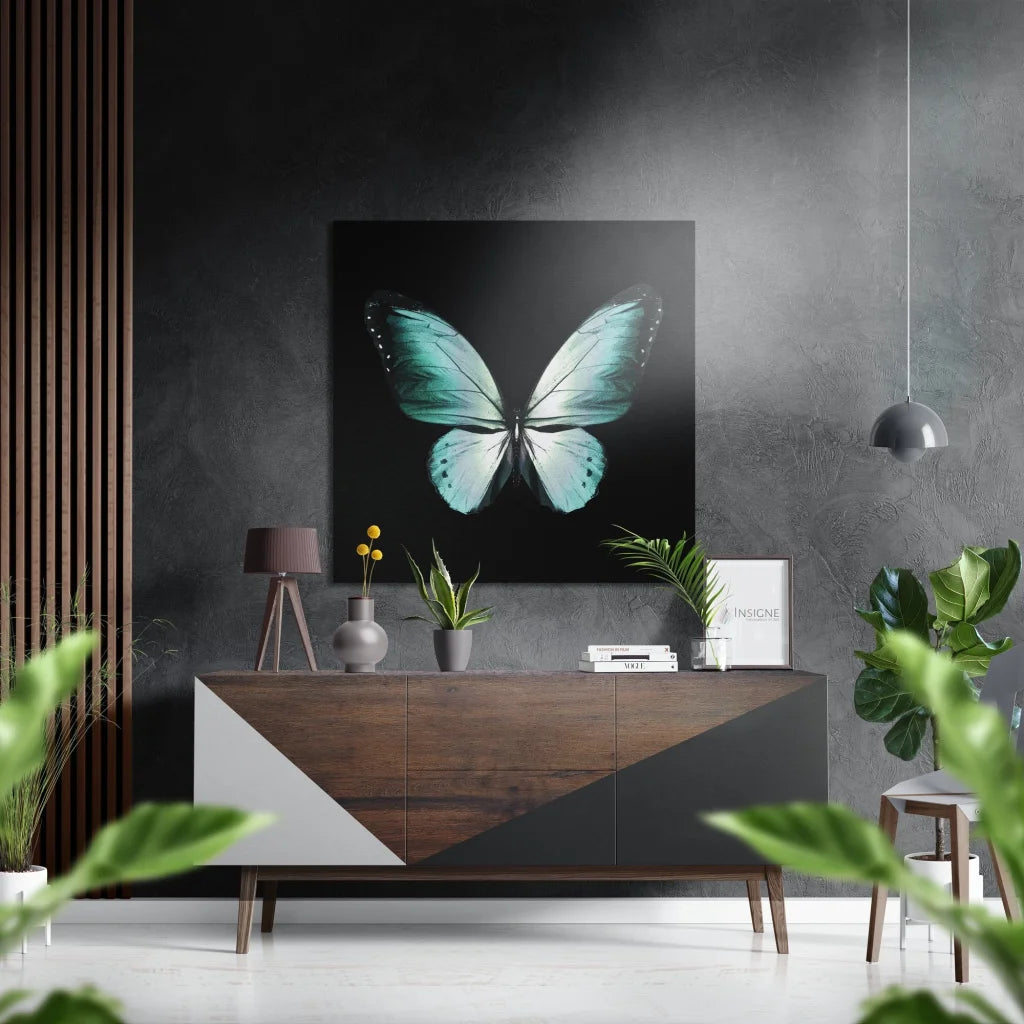 Teal butterfly on brushed aluminium dibond, wall art print