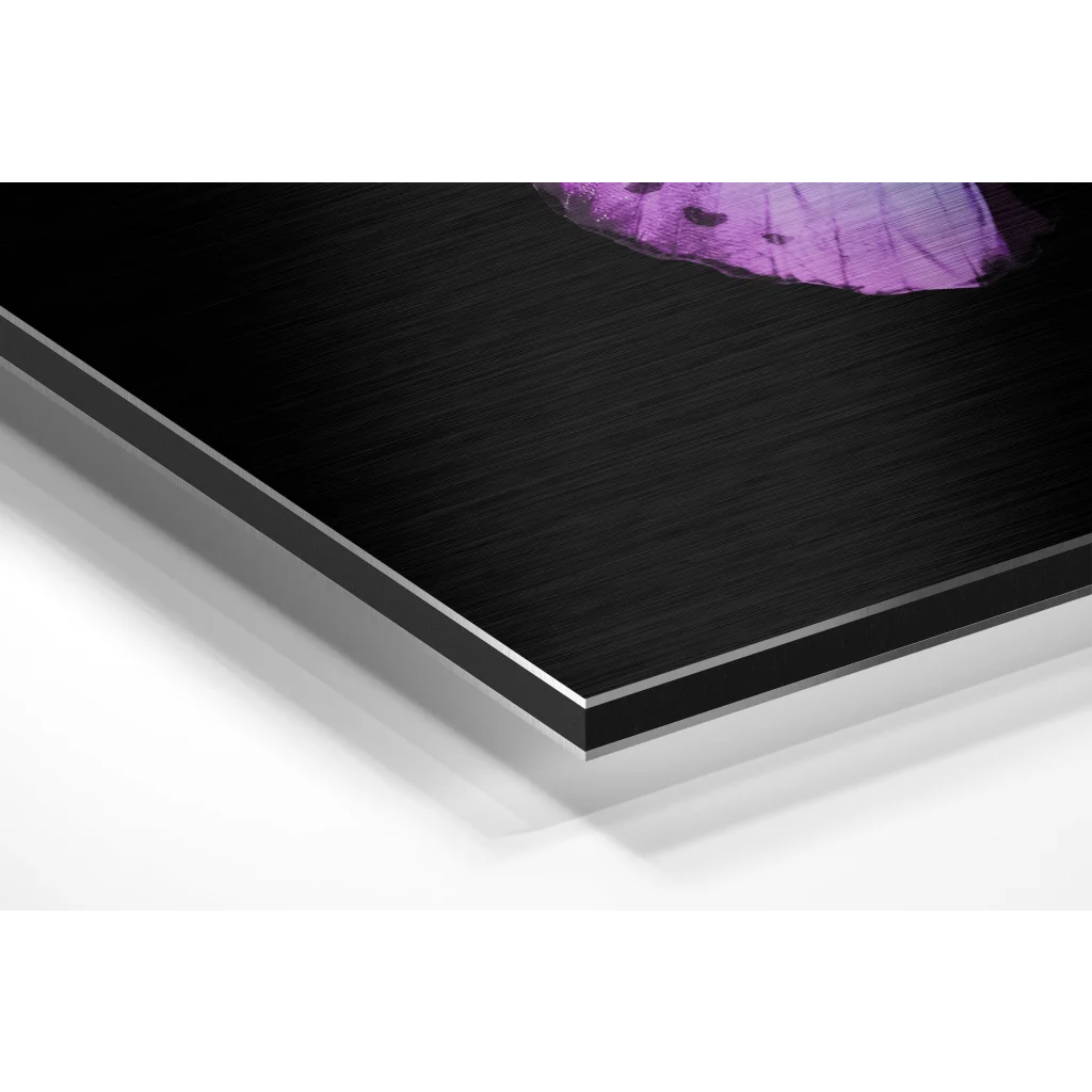 Glass Wall Art Purple butterfly print on brushed aluminium dibond wall art panel