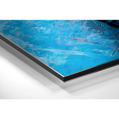 Blue abstract painting on brushed aluminium dibond in black frame