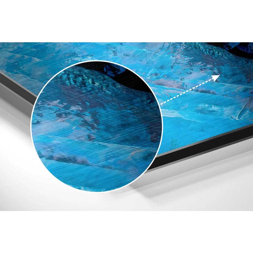 Vibrant blue abstract on brushed aluminium dibond TV screen