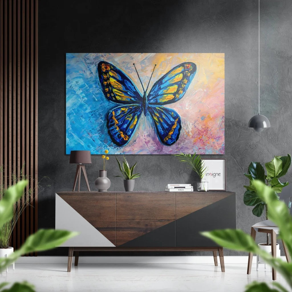 Vibrant blue yellow butterfly on brushed aluminium dibond print