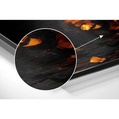 Golden-orange autumn leaves on black framed brushed aluminium dibond wall art
