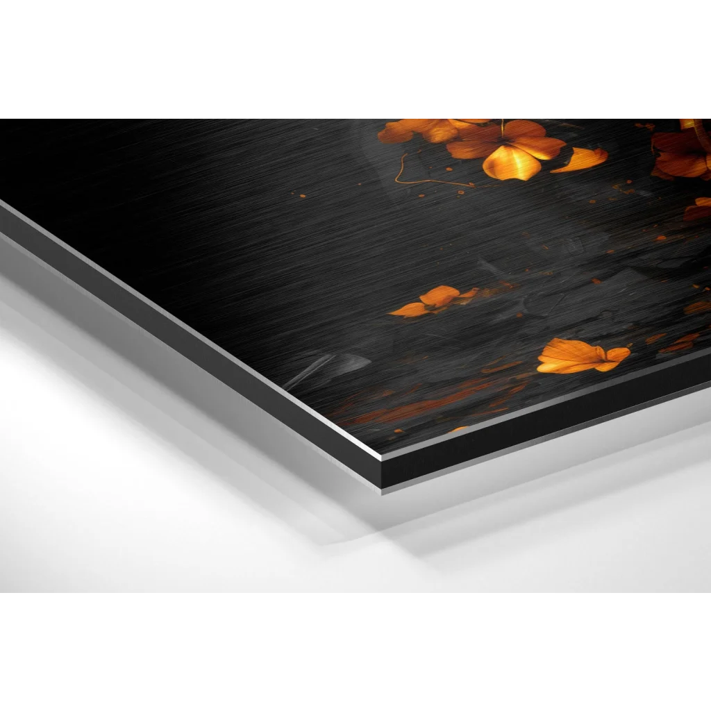 Vibrant orange poppy petals on brushed aluminium dibond wall art