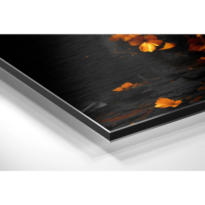 Vibrant orange poppy petals on brushed aluminium dibond wall art