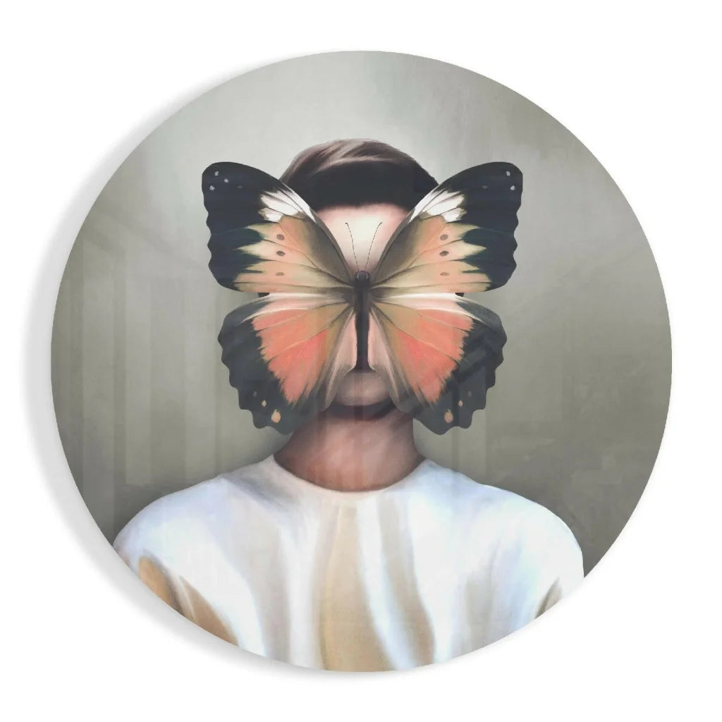 Circular tempered glass art print of butterfly face overlay