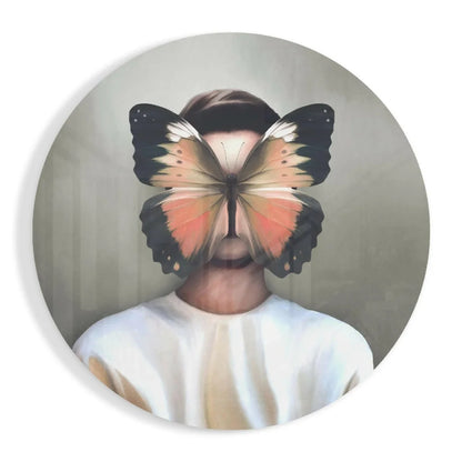 Circular tempered glass art print of butterfly face overlay
