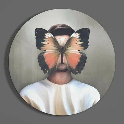 Vibrant butterfly face on tempered glass art circle wall print