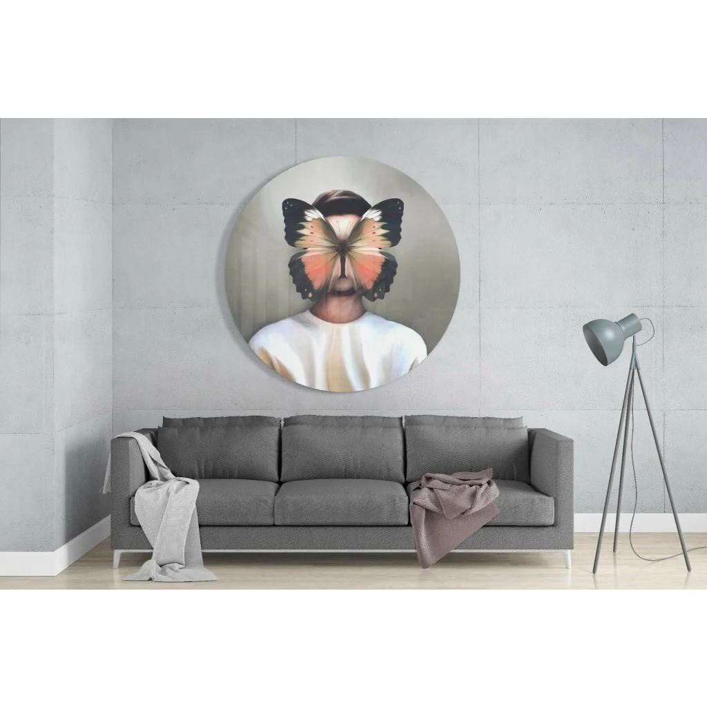Circular tempered glass art of man with butterfly dreams on face