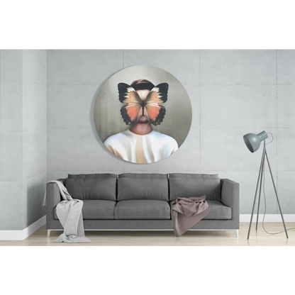 Circular tempered glass art of man with butterfly dreams on face