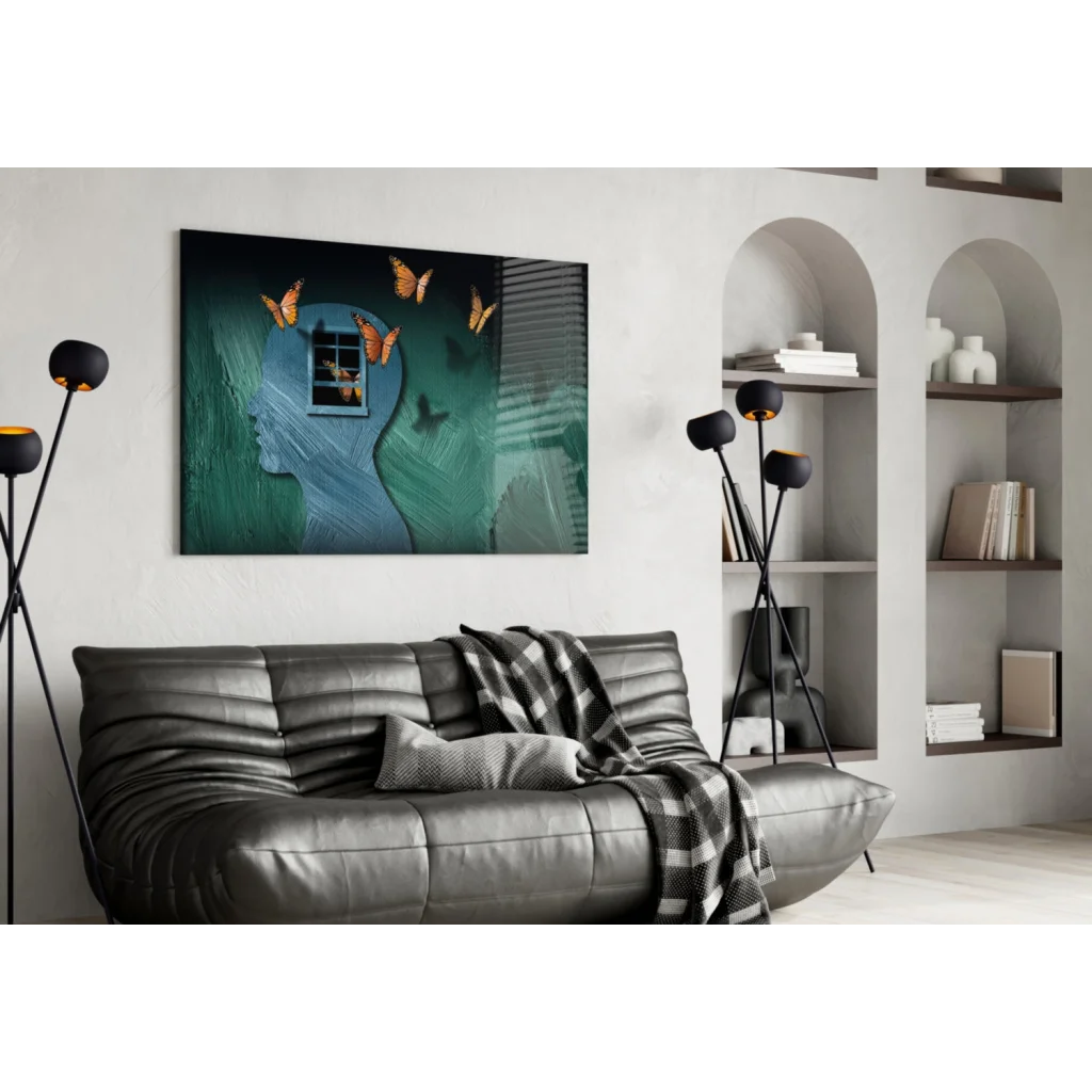 Teal blue butterfly mind glass wall art with glowing silhouette