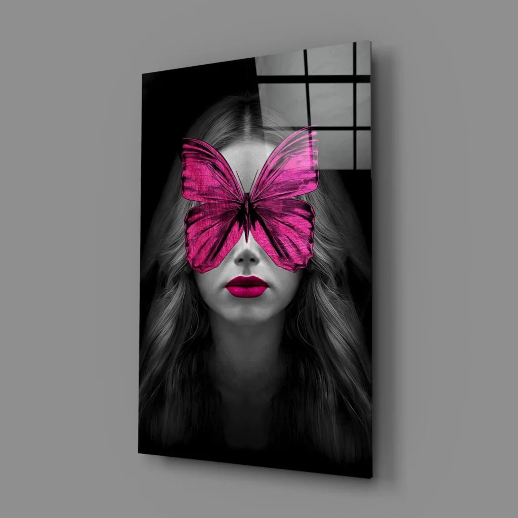 Vibrant pink butterfly glass wall art with bold red lips and black-and-white woman’s face