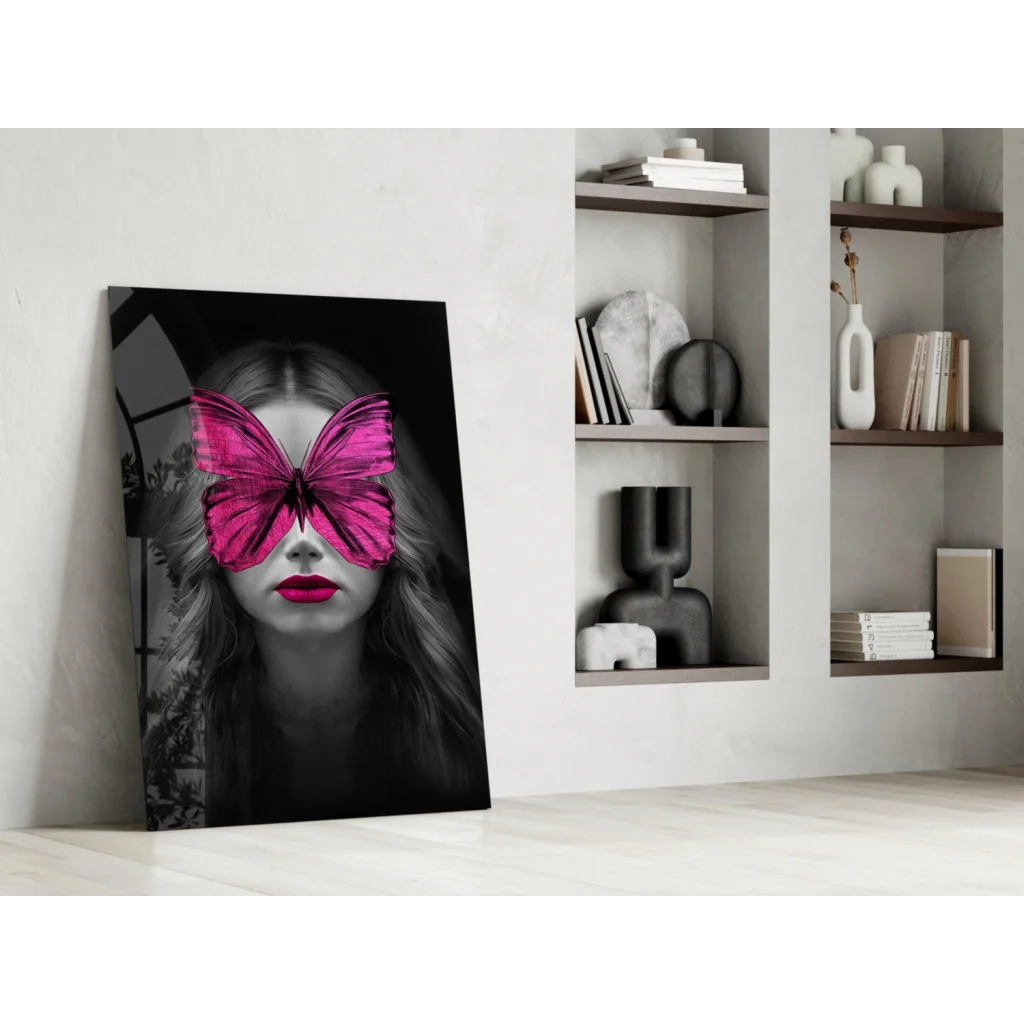 Vibrant pink butterfly wings glass wall art with bold red lips